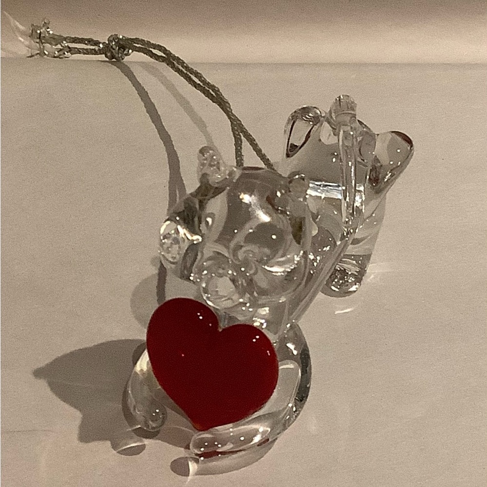 VTG Hand Blown Clear Glass Cat Figurine Ornament with Red Heart